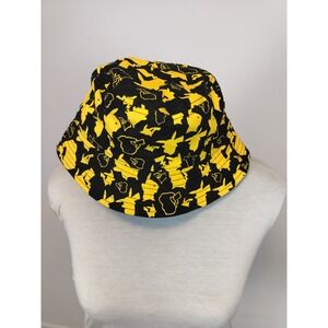 Pokemon Pikachu All Over Print Bucket Hat Unisex OS Black Yellow Cotton Canvas